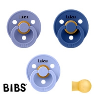 BIBS Colour Schnuller mit Namen, Gr. 2, Hush, Peri, Cornflower, Rund Latex, 3'er Pack